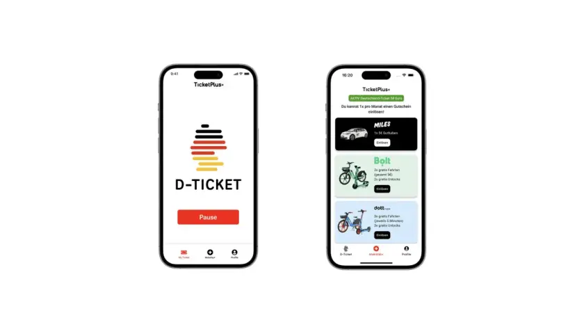 Zwei Smartphones zeigen die App "TicketPlus+". Auf dem linken Handy ist das D-Ticket mit Pause-Button zu sehen. Das rechte Handy listet Angebote wie Miles, Bolt und Dott auf, die bei Problemen mit dem Deutschlandticket helfen könnten.