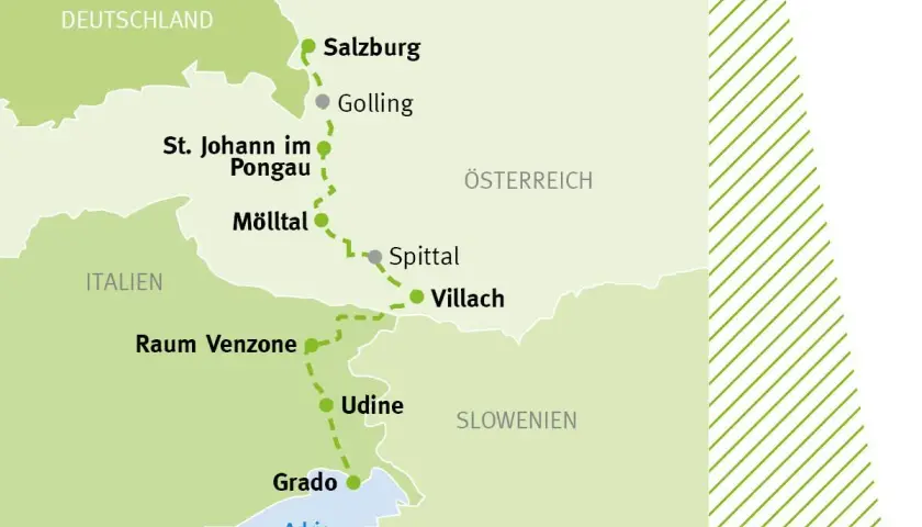 Karte des Alpe-Adria Radwegs von Deutschland über Österreich (Salzburg, Villach) nach Italien (Udine, Grado). Ideal zum alpe-adria radweg selbst organisieren.