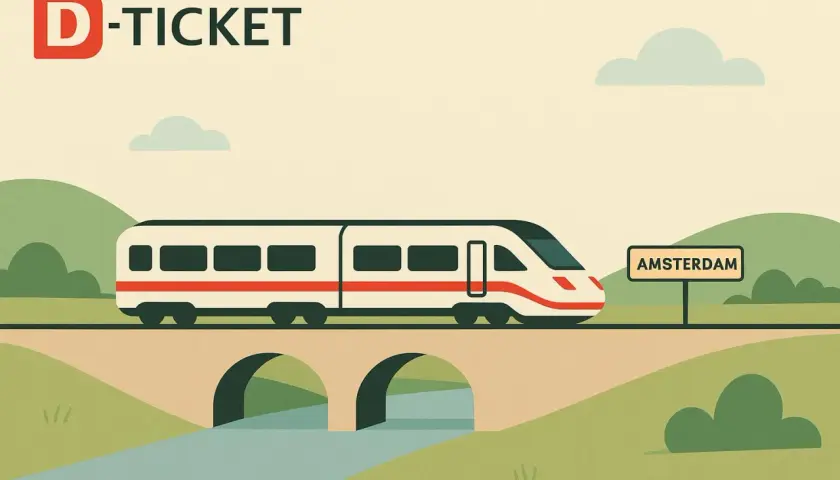 Mit dem D-Ticket nach Amsterdam: Ein Zug fährt über eine Brücke, vorbei an einem Schild mit der Aufschrift "Amsterdam".