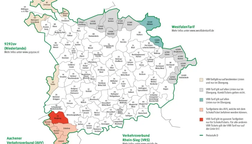 Karte mit Tarifgebieten des VRR und AVV. Der ticket 2000 map zeigt Zonen für Fahrpreise in Nordrhein-Westfalen.