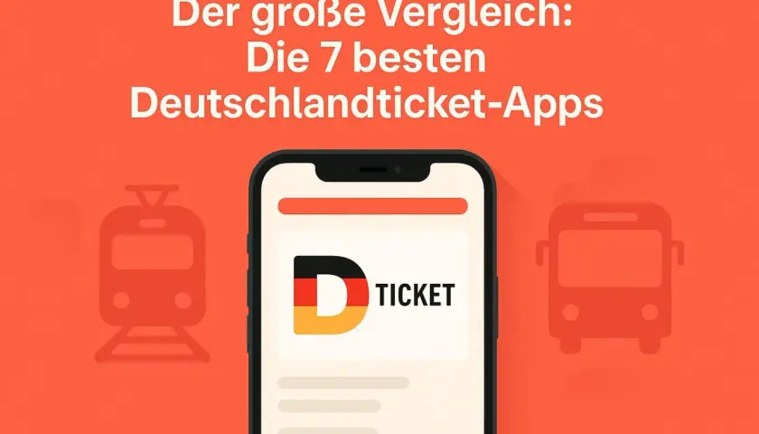 Der große Vergleich: Die 7 besten Deutschlandticket-Apps. Ein Smartphone zeigt die D-Ticket-App, flankiert von stilisierten Zug- und Bus-Symbolen.