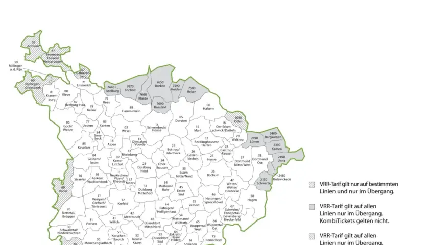 VRR-Verbundraum-Karte zeigt den **semesterticket geltungsbereich** mit Städten wie Duisburg, Essen, Dortmund und grenznahen niederländischen Orten.