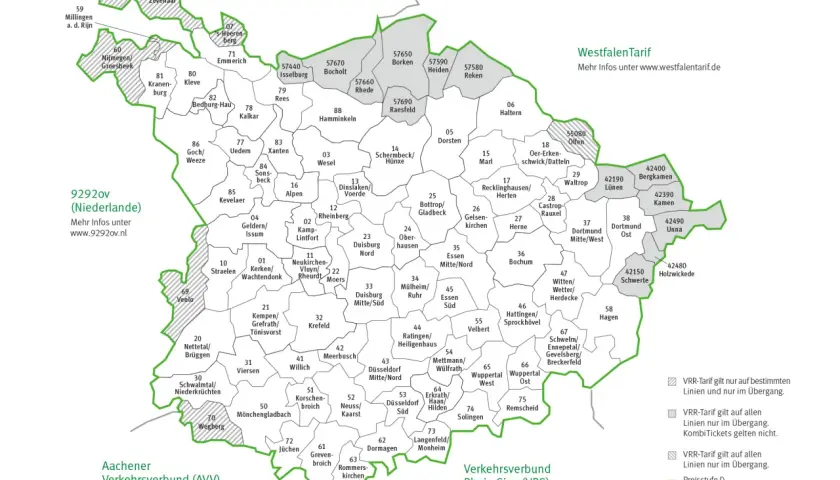 Karte des WestfalenTarifs mit Regionen und Städten. Das NRW Ticket VRR deckt viele Gebiete ab, wie auf der Karte des VRR-Tarifs zu sehen ist.