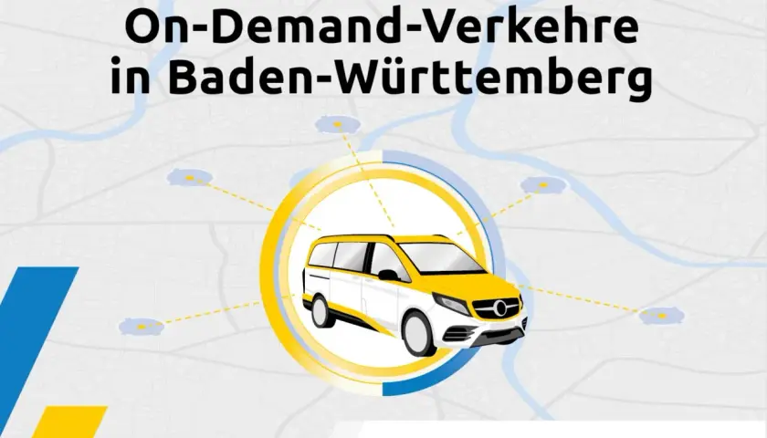 Ein weiß-gelber Van als Symbol für On-Demand-Verkehre in Baden-Württemberg, verbunden mit verschiedenen Orten auf einer stiliserten Karte.