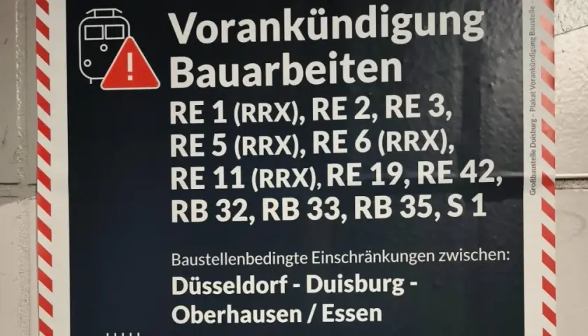 Vorankündigung Bauarbeiten für RE 1 (RRX) und weitere Linien. Einschränkungen zwischen Düsseldorf, Duisburg, Oberhausen und Essen.
