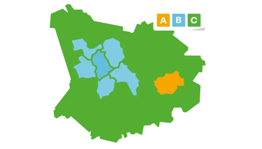 Vereinfachte Darstellung des VRR Streckennetzes mit farblich markierten Zonen.