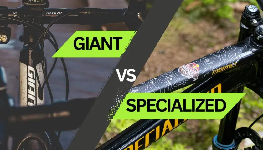 Vergleich zweier Fahrrad marken: Giant und Specialized. Links das Cockpit eines Giant-Rades, rechts der Rahmen eines Specialized-Bikes.