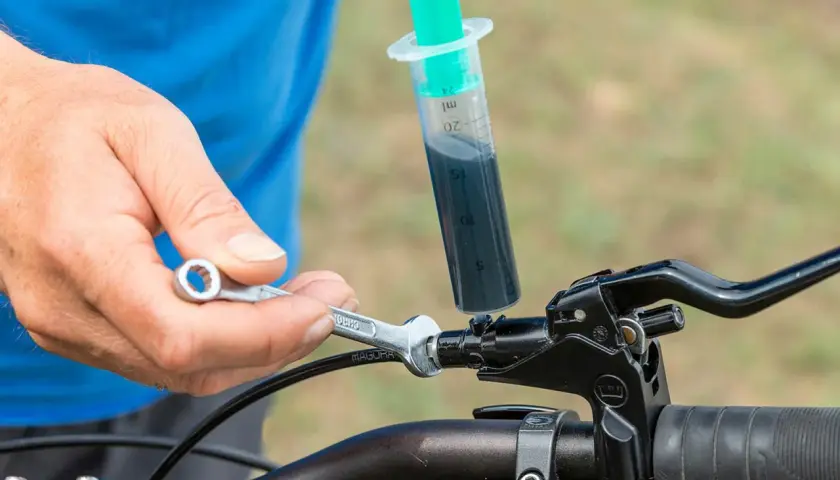 Person stellt hydraulische bremse fahrrad ein. Mit Spritze und Werkzeug wird Bremsflüssigkeit eingefüllt.