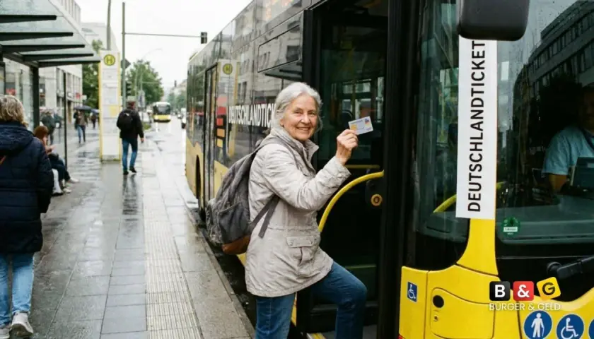 Ältere Frau zeigt ihr Deutschlandticket, das auch für Schwerbehinderung gilt. Sie steigt in einen gelben Bus.