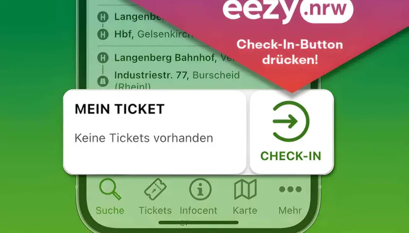 App-Ansicht mit "eezy.nrw" Logo. "Mein Ticket" zeigt "Keine Tickets vorhanden". Probleme mit dem Check-In-Button sind hier sichtbar.