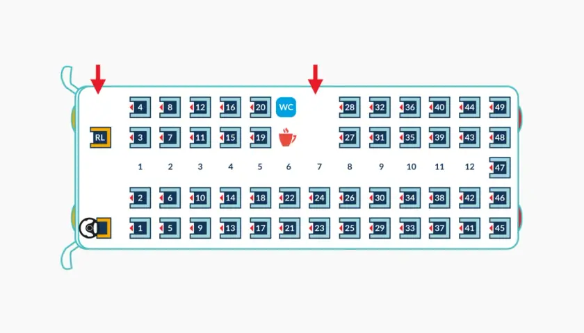 Sitzplan zeigt, wie viele Leute in einen Reisebus passen. 49 nummerierte Sitze, WC und ein Getränkesymbol sind sichtbar.