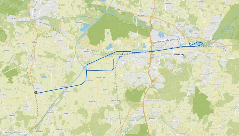 Radrouten Niedersachsen: Karte zeigt eine geplante Fahrradtour von Meine nach Wolfsburg durch grüne Landschaften und kleine Ortschaften.