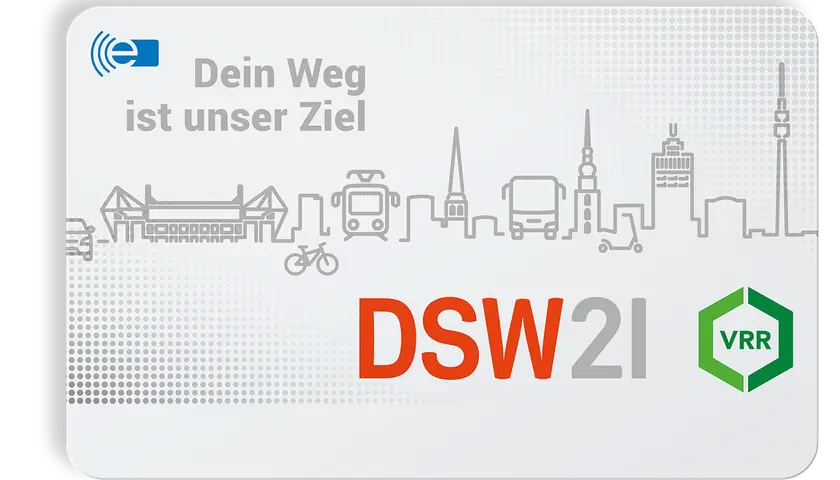 DSW21 Monats Ticket NRW mit Skyline und ÖPNV-Symbolen. "Dein Weg ist unser Ziel.
