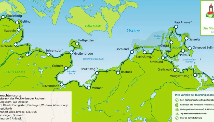 Karte der Mecklenburger Radtour mit Radwegen entlang der Ostseeküste von Dänemark bis Usedom.