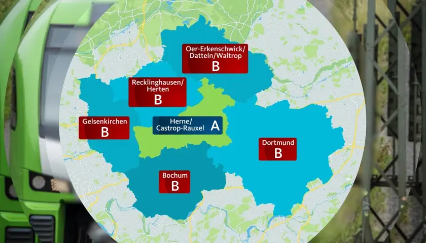 Karte zeigt VRR-Gebiete: Herne/Castrop-Rauxel (A) und andere Städte (B). So funktioniert das 10er Ticket VRR.