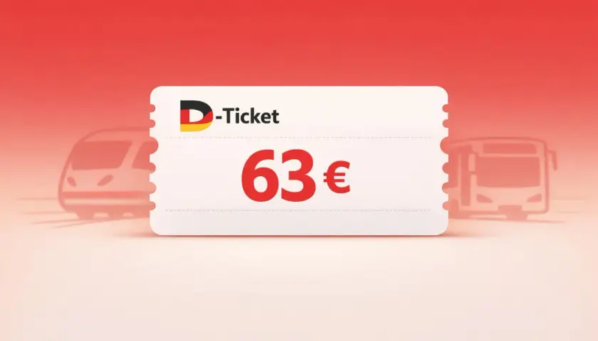 D-Ticket für 63€ mit Zug und Bus im Hintergrund.
