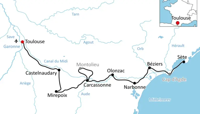 Karte einer Fahrradtour entlang des Canal du Midi von Toulouse nach Sète, vorbei an Carcassonne und Narbonne.