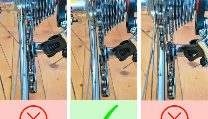 Drei Ansichten einer Fahrradkassette. Die mittlere zeigt, wie die **Kettenschaltung einstellen** richtig aussieht, mit einem grünen Haken. Die äußeren zeigen Fehler.