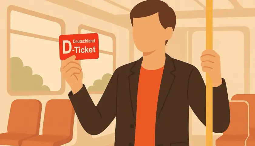 Mann hält personalisiertes Deutschlandticket in der Hand, bereit für die Fahrt im Zug.