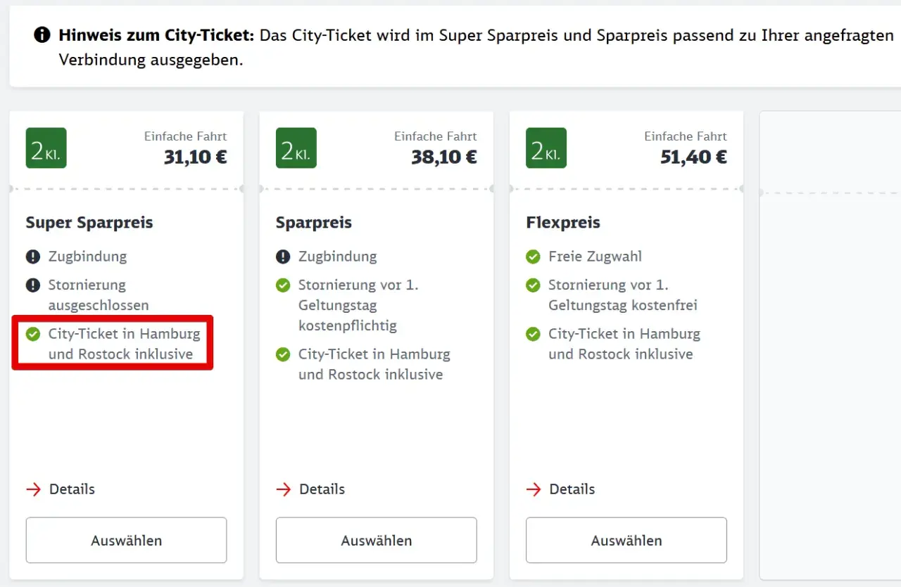Angebote für Zugtickets mit verschiedenen db preisstufen: Super Sparpreis (31,10€), Sparpreis (38,10€) und Flexpreis (51,40€). Alle beinhalten City-Tickets für Hamburg und Rostock.