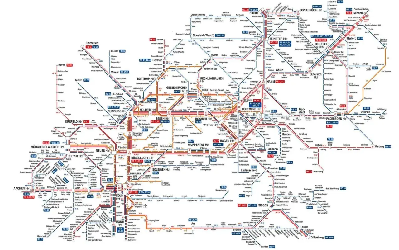 Liniennetzplan für den NRW Ticket Geltungsbereich mit vielen Städten und Bahnlinien.