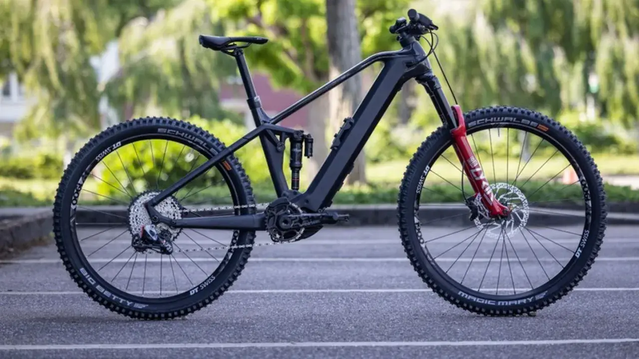 Schwarzes E-Mountainbike mit Bosch 750 Wh Akku. Erste Erfahrungen zur Reichweite sind positiv, ideal für lange Touren.