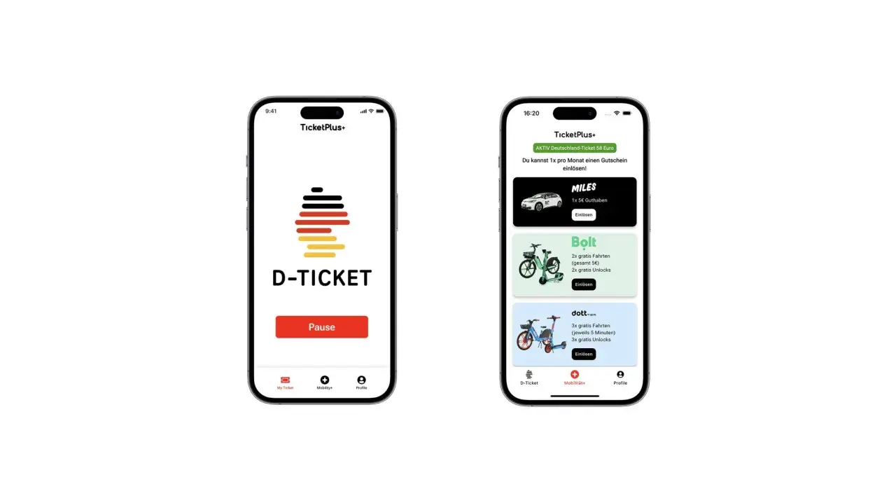 Zwei Smartphones zeigen die App "TicketPlus+". Auf dem linken Handy ist das D-Ticket mit Pause-Button zu sehen. Das rechte Handy listet Angebote wie Miles, Bolt und Dott auf, die bei Problemen mit dem Deutschlandticket helfen könnten.