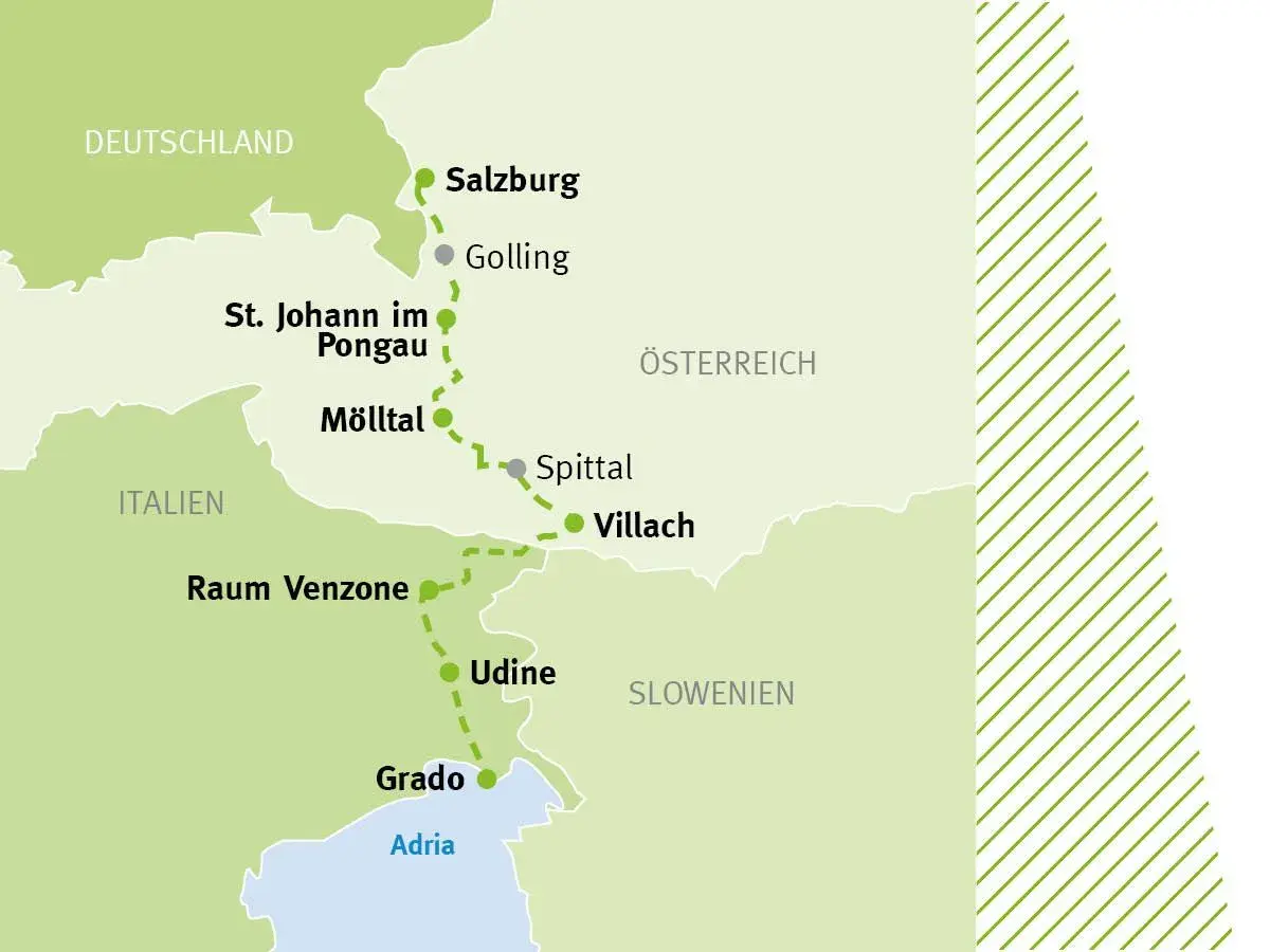 Karte des Alpe-Adria Radwegs von Deutschland über Österreich (Salzburg, Villach) nach Italien (Udine, Grado). Ideal zum alpe-adria radweg selbst organisieren.