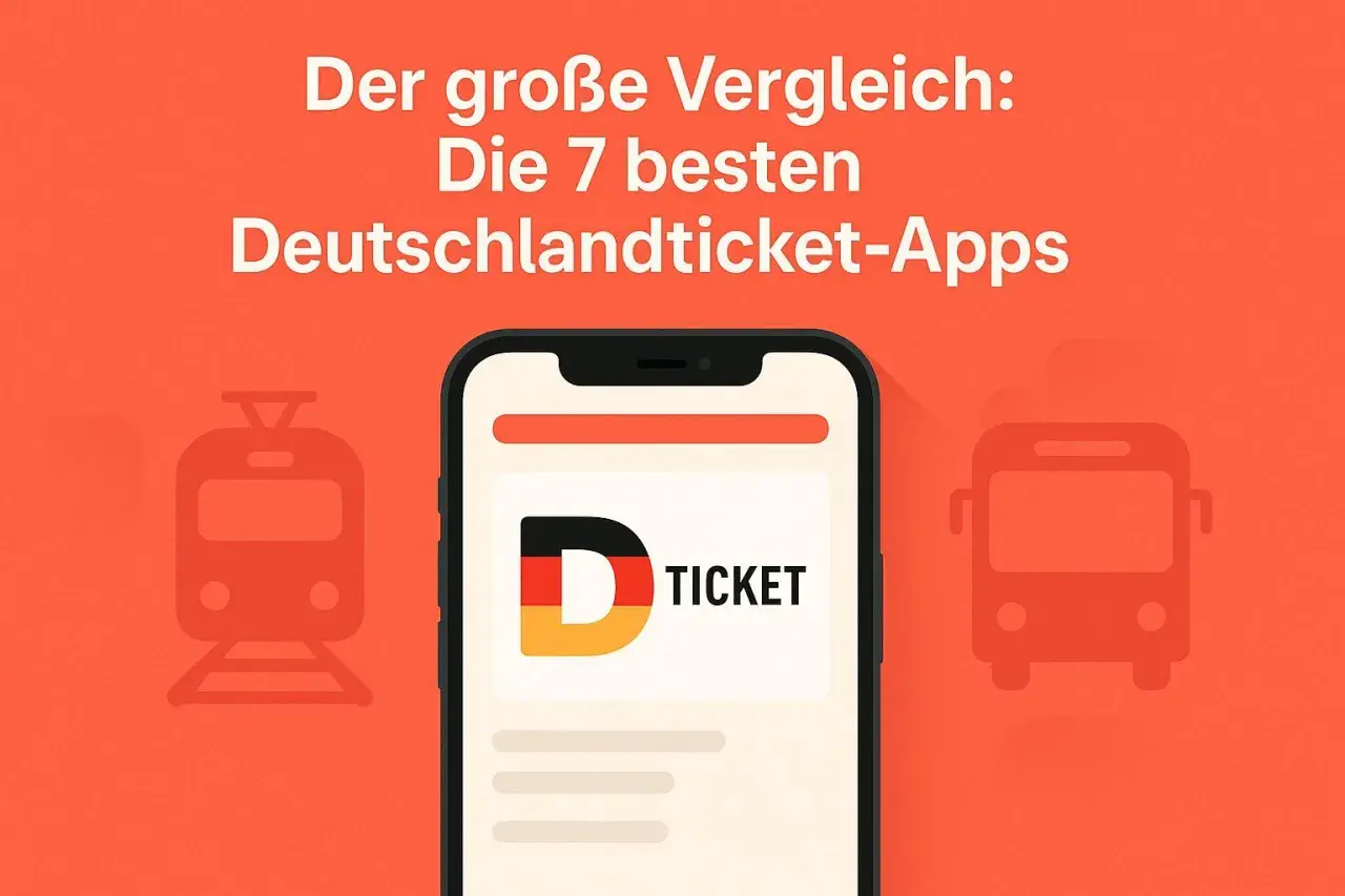 Der große Vergleich: Die 7 besten Deutschlandticket-Apps. Ein Smartphone zeigt die D-Ticket-App, flankiert von stilisierten Zug- und Bus-Symbolen.