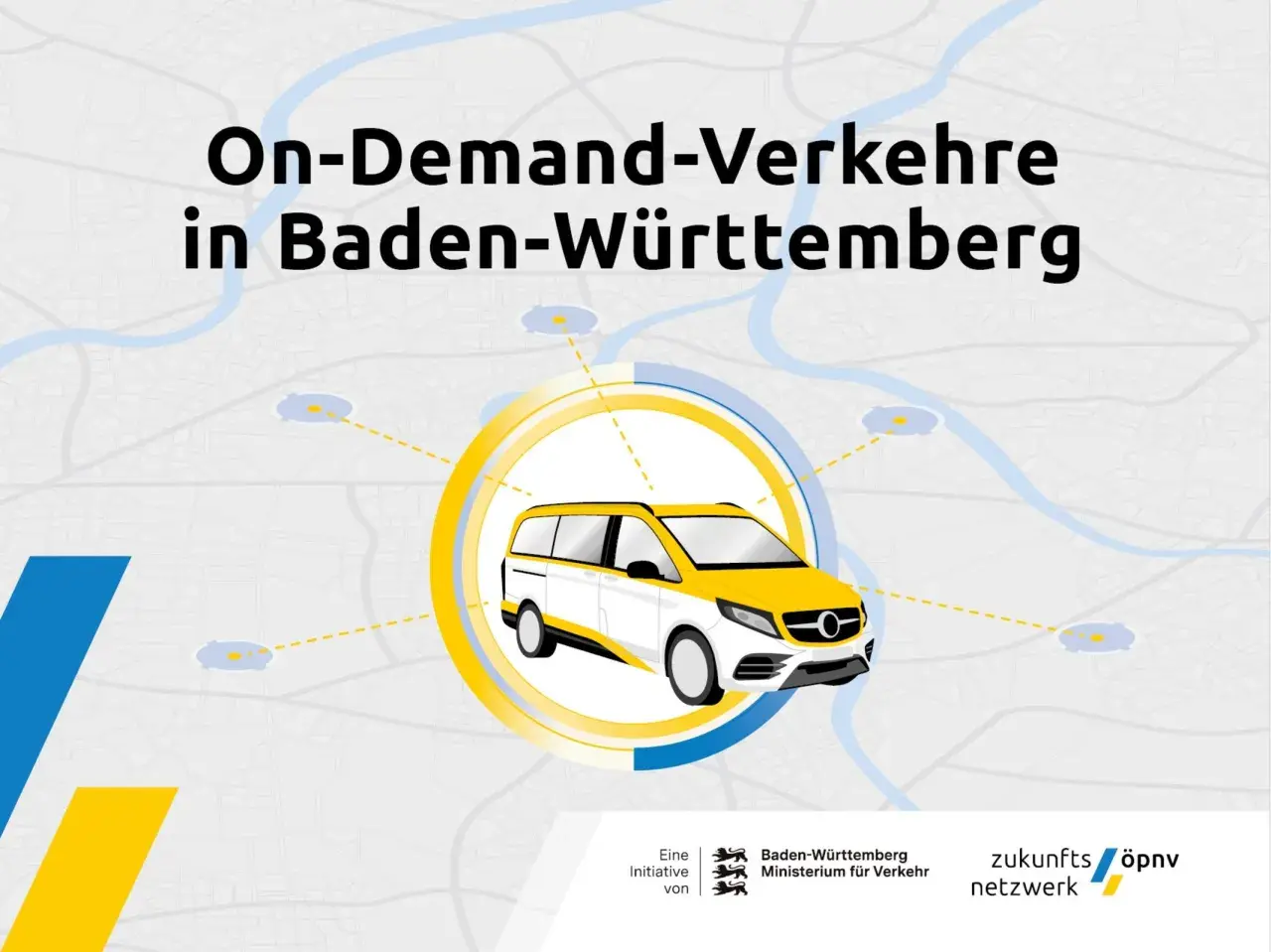 Ein weiß-gelber Van als Symbol für On-Demand-Verkehre in Baden-Württemberg, verbunden mit verschiedenen Orten auf einer stiliserten Karte.