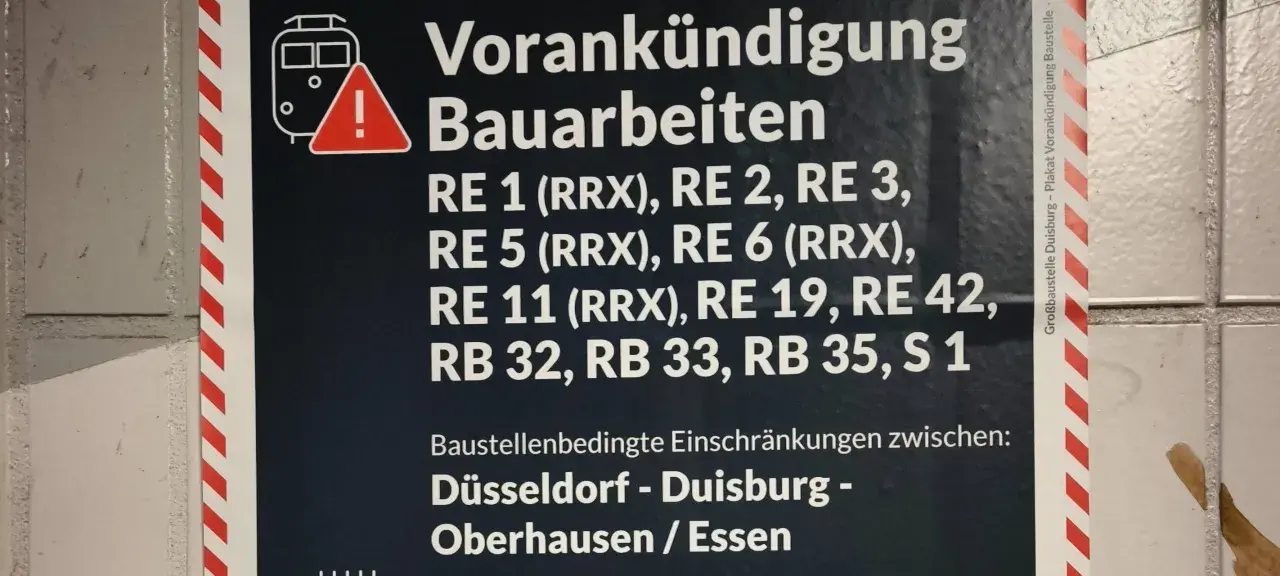 Vorankündigung Bauarbeiten für RE 1 (RRX) und weitere Linien. Einschränkungen zwischen Düsseldorf, Duisburg, Oberhausen und Essen.