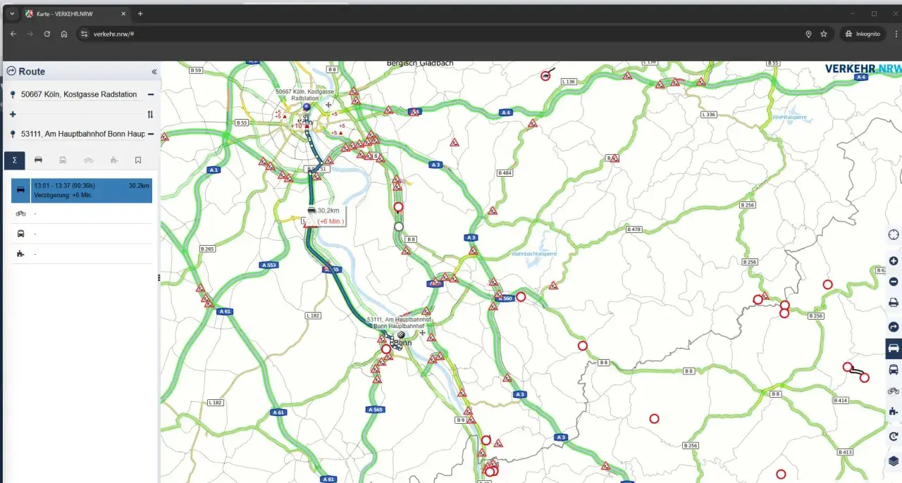Verkehrs-NRW-Karte zeigt eine Route von Köln nach Bonn mit leichten Verzögerungen.