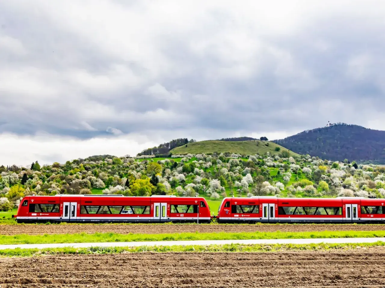 Zwei rote Regionalzüge fahren durch eine blühende Landschaft. Mit dem Deutschlandticket darf man solche Züge für Ausflüge nutzen.