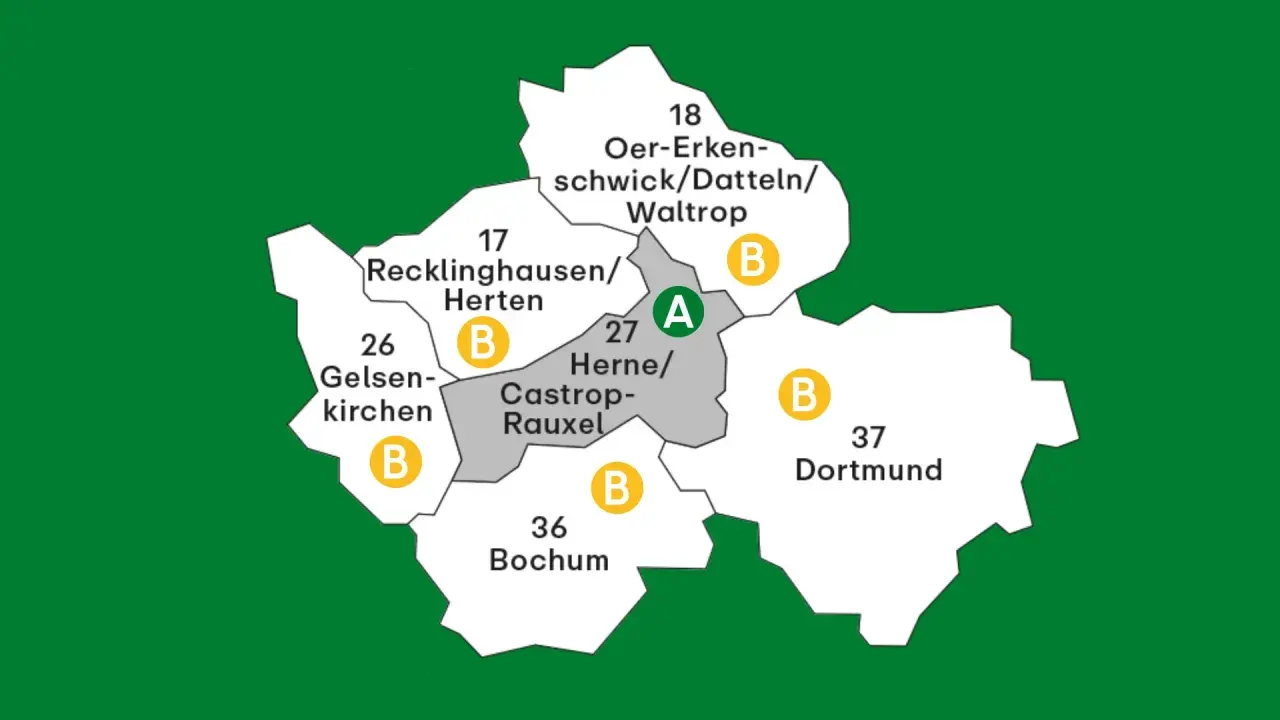 Karte des VRR-Gebiets mit Städten wie Dortmund, Bochum und Gelsenkirchen.