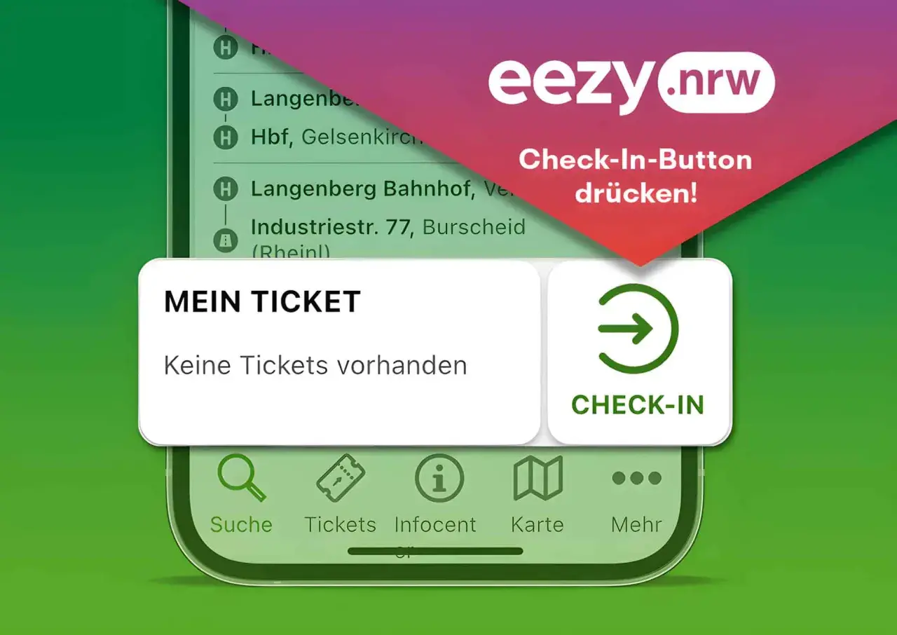 App-Ansicht mit "eezy.nrw" Logo. "Mein Ticket" zeigt "Keine Tickets vorhanden". Probleme mit dem Check-In-Button sind hier sichtbar.