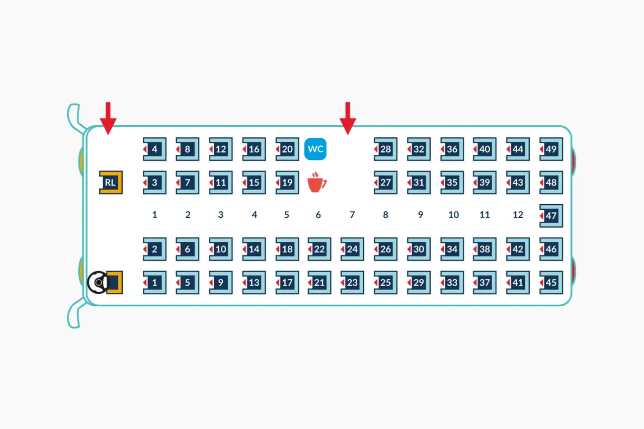 Sitzplan zeigt, wie viele Leute in einen Reisebus passen. 49 nummerierte Sitze, WC und ein Getränkesymbol sind sichtbar.