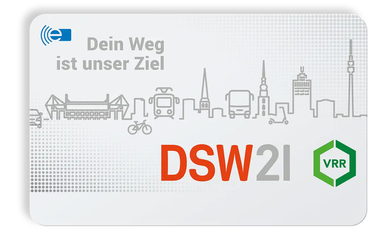 DSW21 Monats Ticket NRW mit Skyline und ÖPNV-Symbolen. "Dein Weg ist unser Ziel.