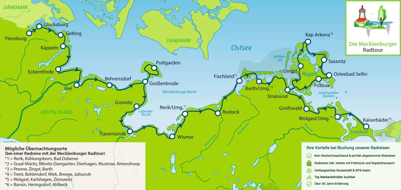 Karte der Mecklenburger Radtour mit Radwegen entlang der Ostseeküste von Dänemark bis Usedom.