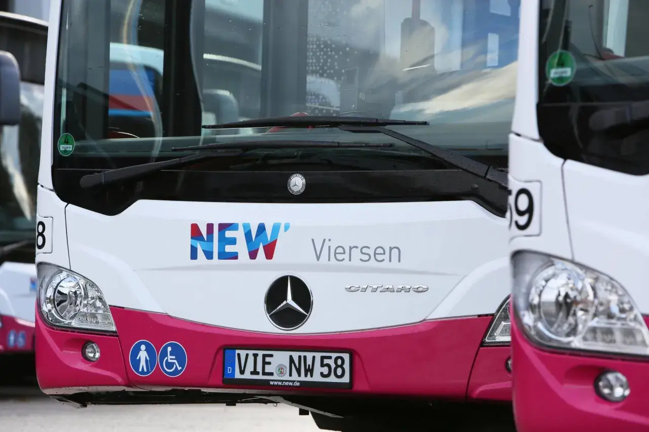 Zwei NEW Viersen Busse stehen nebeneinander. Ein Bus hat ein "vrr seniorenticket" Symbol.