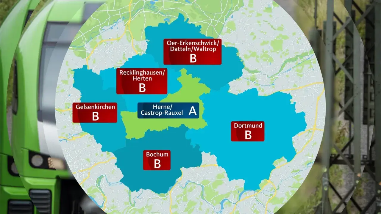 Karte zeigt VRR-Gebiete: Herne/Castrop-Rauxel (A) und andere Städte (B). So funktioniert das 10er Ticket VRR.