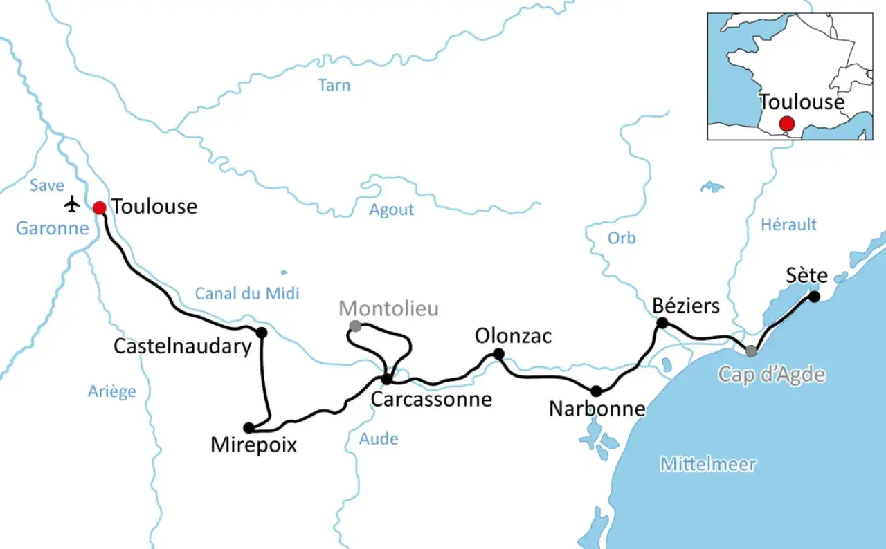 Karte einer Fahrradtour entlang des Canal du Midi von Toulouse nach Sète, vorbei an Carcassonne und Narbonne.