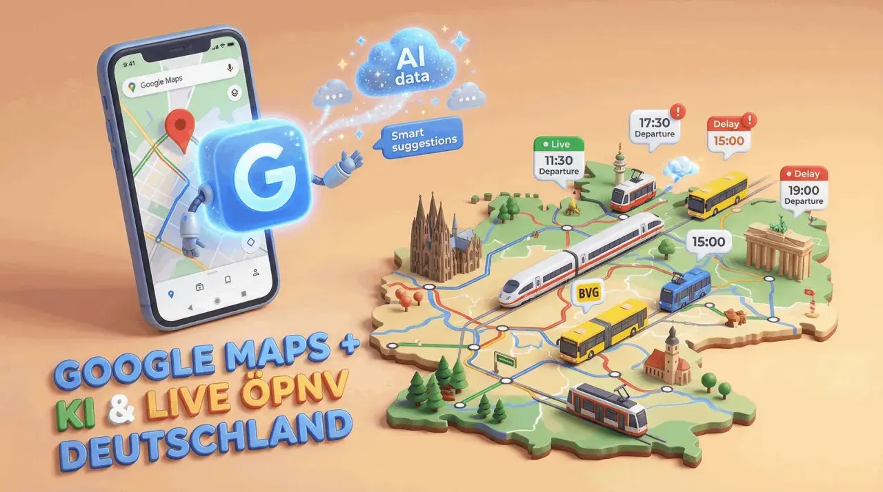Google Maps zeigt dynamische Fahrgastinformationen für Deutschland mit KI-gestützten Vorschlägen und Live-Daten für Züge und Busse.