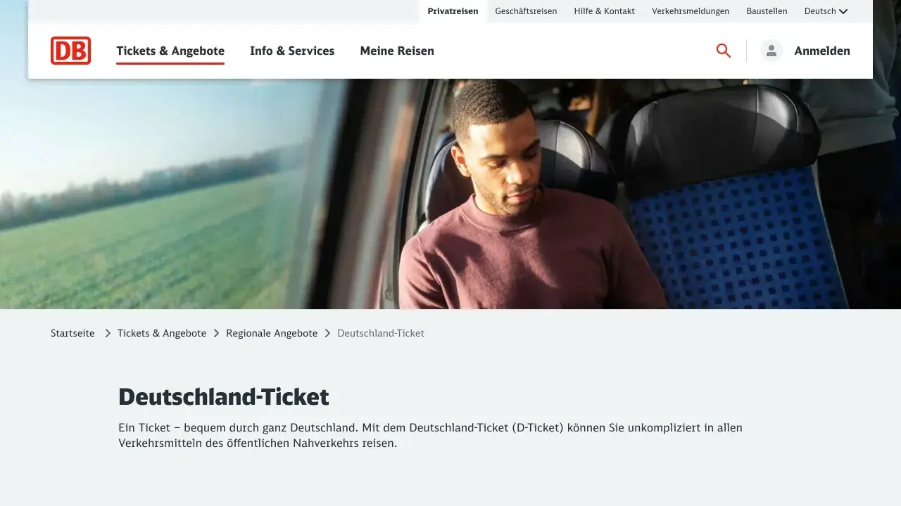 Mann im Zug blickt nach unten. Seite zeigt Infos zum Deutschland-Ticket. Hier kann man das Deutschlandticket stornieren.