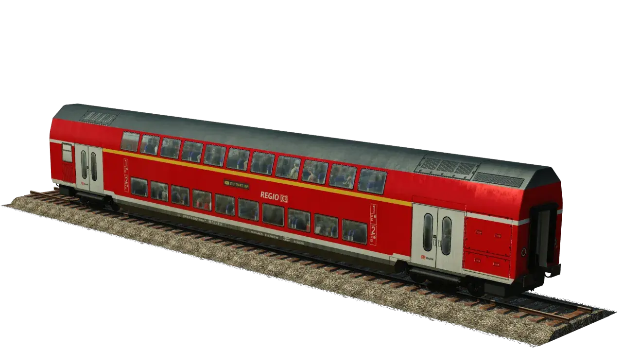 Roter Bombardier Doppelstockwagen der DB Regio mit Fahrgästen auf zwei Ebenen, bereit für die Fahrt nach Stuttgart Hbf.