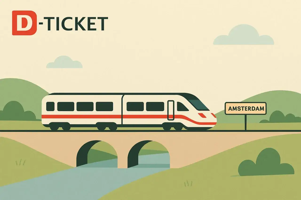 Mit dem D-Ticket nach Amsterdam: Ein Zug f&auml;hrt &uuml;ber eine Br&uuml;cke, vorbei an einem Schild mit der Aufschrift 