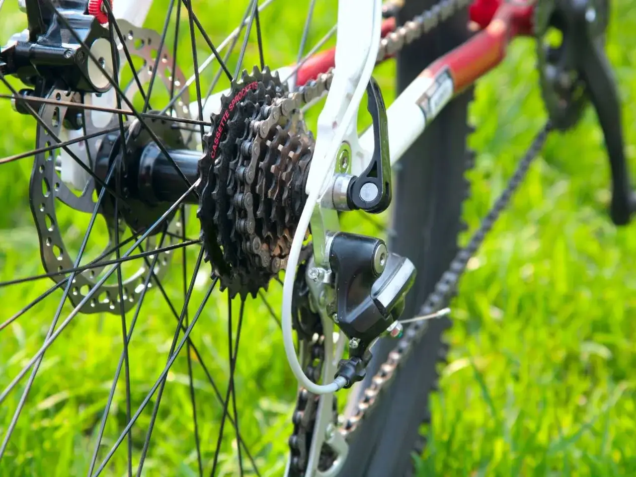 Nahaufnahme der Fahrradschaltung mit Kassette und Kette. Verschiedene Fahrradschaltung Typen sind hier sichtbar.