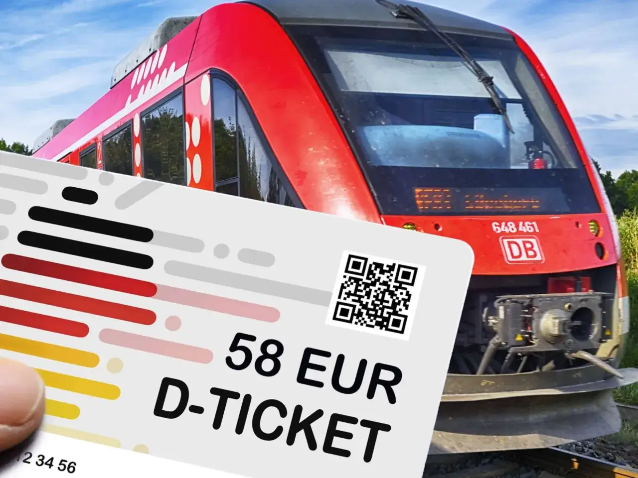 Ein roter Zug f&auml;hrt auf Gleisen. Eine Hand h&auml;lt ein Deutschlandticket f&uuml;r 58 EUR. Die Frage 