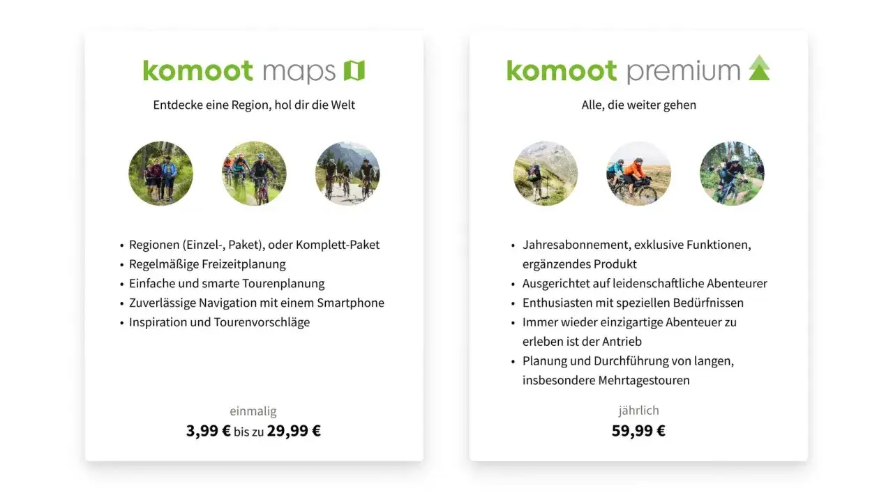 komoot fahrrad app: Angebote f&uuml;r Tourenplanung und Navigation. Links 