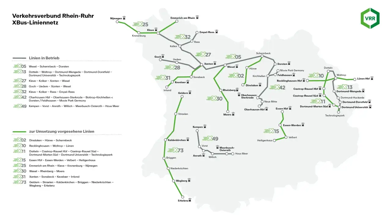 VRR XBus-Liniennetz zeigt das Streckennetz von Schnellbussen im Verkehrsverbund Rhein-Ruhr.