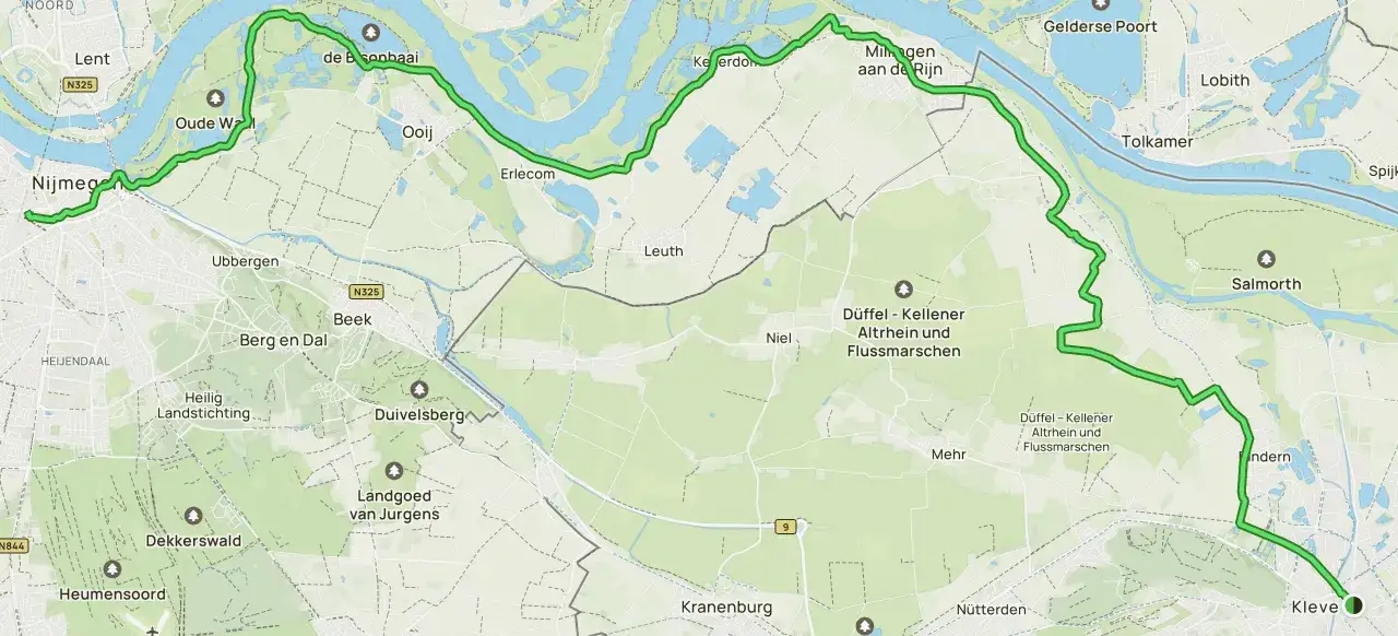 Route der Buslinie SB58 von Kleve nach Nijmegen. Die Karte zeigt die Strecke durch die D&uuml;ffel und entlang des Rheins.